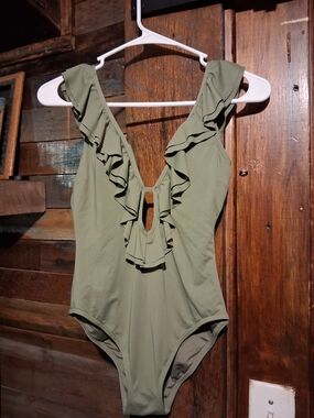 Michael Kors Olive Green Ruffle One-Piece Swimsuit